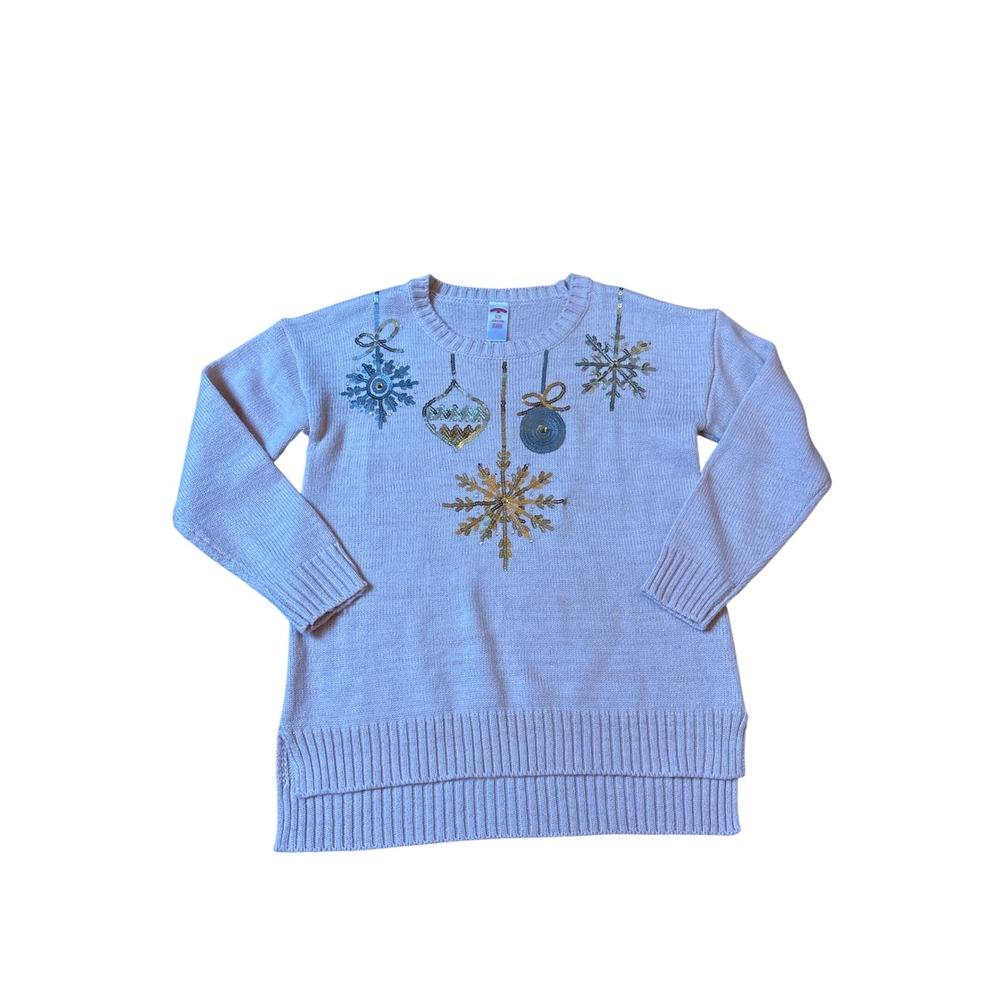 Holiday Time Sweater Women Light Pink Sequin Ornament Snowflake SIZE S 4-6